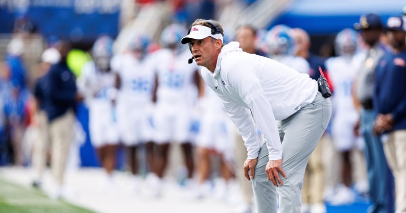 Sep 6, 2025; Lexington, Kentucky, USA; Mississippi Rebels head coach Lane Kiffin looks on during the second quarter against the Kentucky Wildcats at Kroger Field. Mandatory Credit: Jordan Prather-Imagn Images
