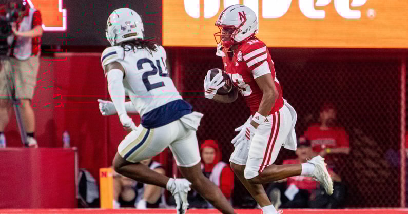 Nebraska football WR Nyziah Hunter during the Huskers' 68-0 win over Akron in their 2025 home opener at Memorial Stadium