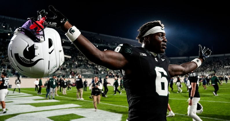 Michigan State wide receiver Nick Marsh (6) celebrates a double-overtime victory over Boston College at Spartan Stadium. - Brendan Mullin, USA TODAY Sports