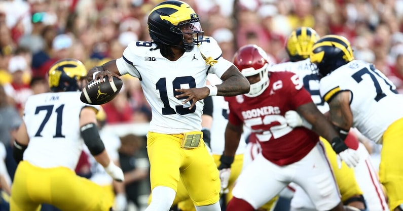 Sep 6, 2025; Norman, Oklahoma, USA; Michigan Wolverines quarterback Bryce Underwood (19) looks to pass downfield against the Oklahoma Sooners during the first half at Gaylord Family-Oklahoma Memorial Stadium. Mandatory Credit: Kevin Jairaj-Imagn Images