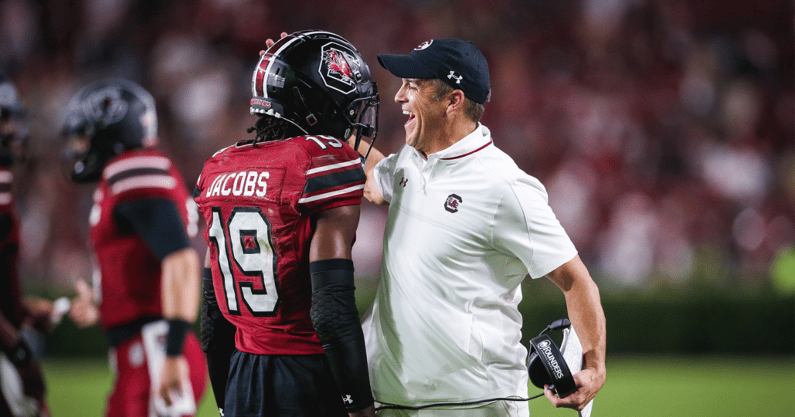 South Carolina football coach Shane Beamer with receiver Vandrevius Jacobs. Photo by: Katie Dugan | GamecockCentral