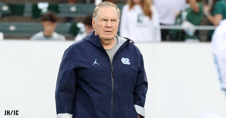 UNC coach Bill Belichick in the pregame before Carolina takes on Charlotte.