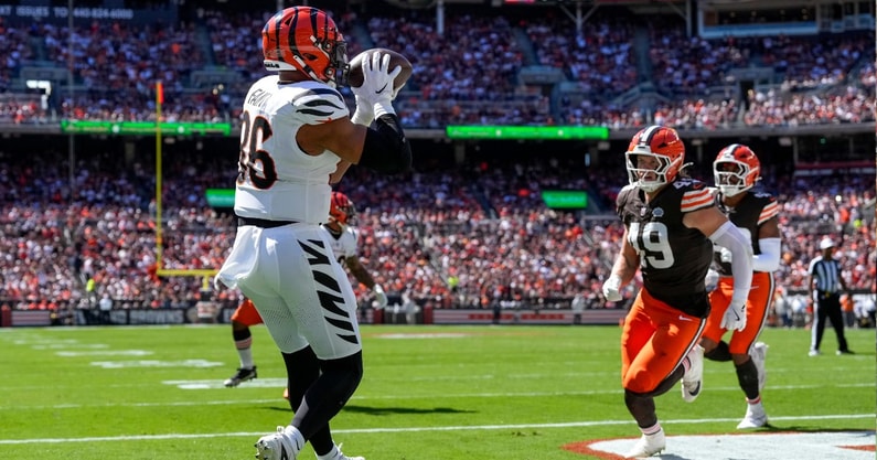 Noah Fant caught a touchdown pass for the Bengals. (Photo by Sam Greene/The Enquirer / USA Today)