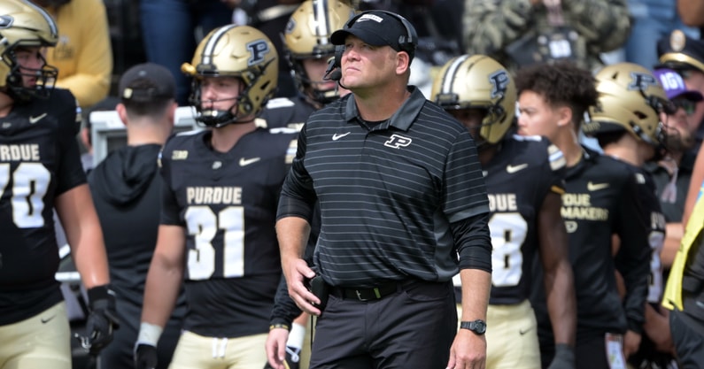 Purdue Boilermakers head coach Barry Odom stands on the sidelines during the first quarter against the Ball State Cardinals at Ross-Ade Stadium