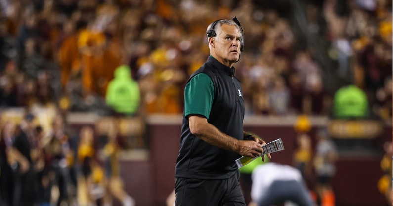 Sep 9, 2023; Minneapolis, Minnesota, USA; Eastern Michigan Eagles head coach Chris Creighton looks on during the third quarter against the Minnesota Golden Gophers at Huntington Bank Stadium. Mandatory Credit: Matt Krohn-Imagn Images