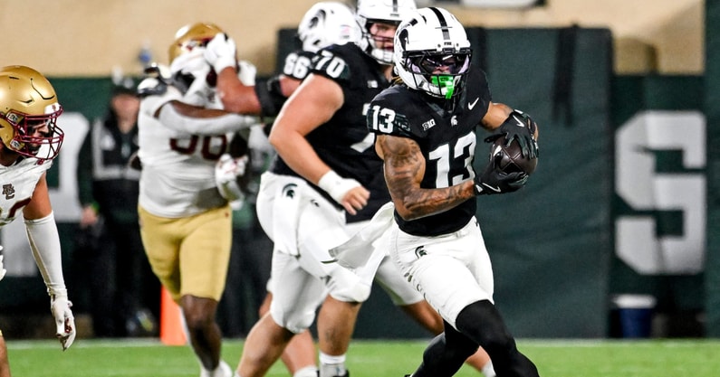 Michigan State's Chrishon McCray catches a pass against Boston College during the fourth quarter on Saturday, Sept. 6, 2025, at Spartan Stadium in East Lansing. (© Nick King/Lansing State Journal / USA TODAY NETWORK via Imagn Images)