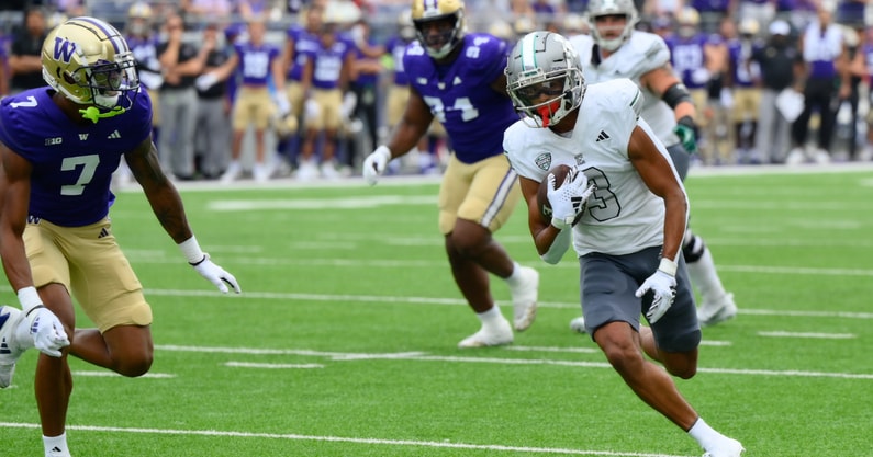 Sep 7, 2024; Seattle, Washington, USA; Eastern Michigan Eagles wide receiver Terry Lockett Jr. (3) carries the ball after a catch against the Washington Huskies during the first half at Alaska Airlines Field at Husky Stadium. Mandatory Credit: Steven Bisig-Imagn Images