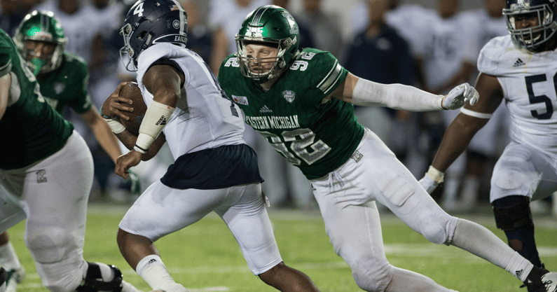 Maxx Crosby suits up for Eastern Michigan in 2018, via Jake Crandall: Advertiser : USA TODAY NETWORK via Imagn Images