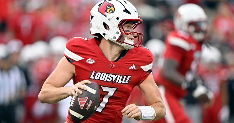 Sep 5, 2025; Louisville, Kentucky, USA; Louisville Cardinals quarterback Miller Moss (7) looks to pass against the James Madison Dukes during the first quarter at L&N Federal Credit Union Stadium. Mandatory Credit: Jamie Rhodes-Imagn Images