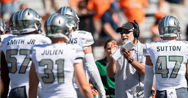 Sep 14, 2019; Champaign, IL, USA; Eastern Michigan Eagles head coach Chris Creighton reacts during the second half against the Illinois Fighting Illini at Memorial Stadium. Mandatory Credit: Patrick Gorski-Imagn Images