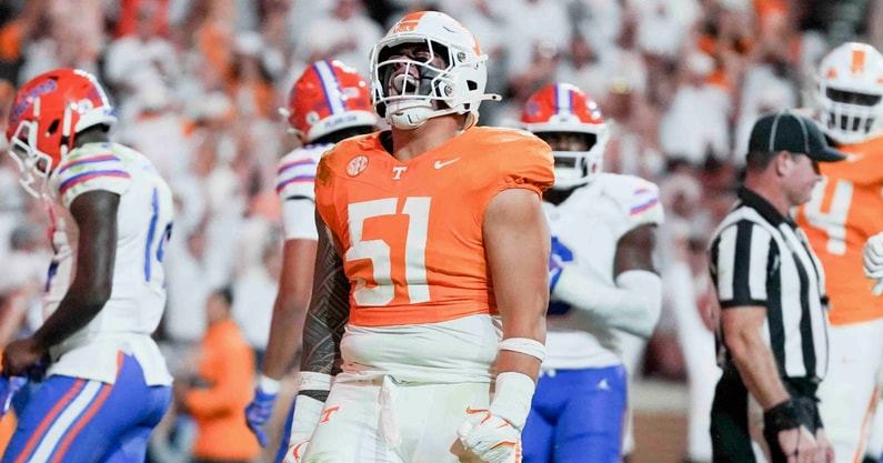 Brianna Paciorka/News Sentinel / USA TODAY NETWORK via Imagn Images | Tennessee defensive lineman Jaxson Moi (51) celebrates after a touchdown by Tennessee running back Dylan Sampson (6) during a game between Florida and Tennessee in Neyland Stadium, in Knoxville, Tenn., Saturday, Oct. 12, 2024.
