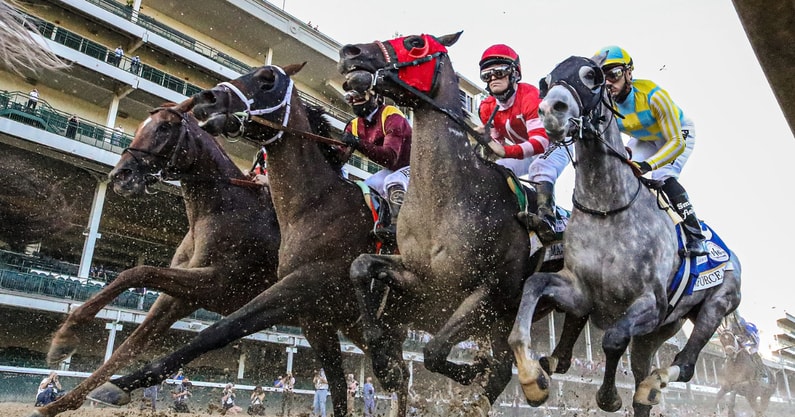 Horses race in front of empty grandstands at the 2020 Kentucky Derby, via Michael Clevenger:Courier Journal via Imagn Content Services, LLC