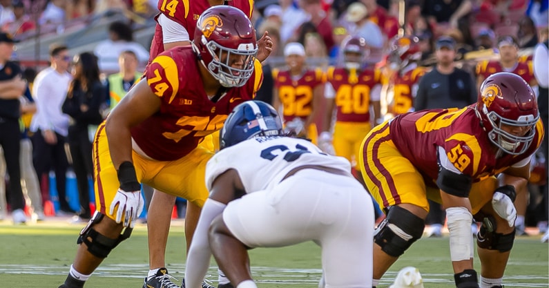 USC offensive linemen Justin Tauanuu and Micah Banuelos