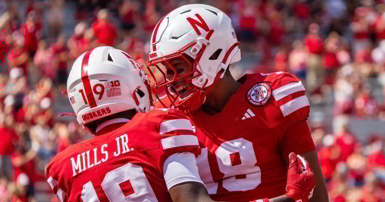 Nebraska football WRs Quinn Clark (18) and Cortez Mills Jr. celebrate during the Huskers' 59-7 win over Houston Christian