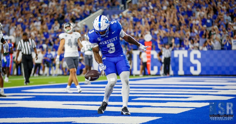 Kentucky running back Seth McGowan celebrates a touchdown vs. Eastern Michigan at Kroger Field on Saturday, September 13, 2025 in Lexington, Kentucky. Photo by Crawford Ifland, Kentucky Sports Radio.