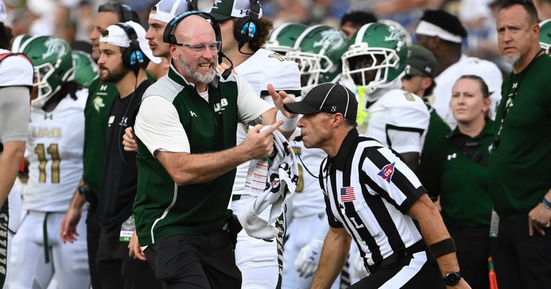 Sep 6, 2025; Annapolis, Maryland, USA;  UAB Blazers head coach Trent Dilfer calls a time out dueling the second quarter against the Navy Midshipmen at Navy-Marine Corps Memorial Stadium. Mandatory Credit: Tommy Gilligan-Imagn Images
