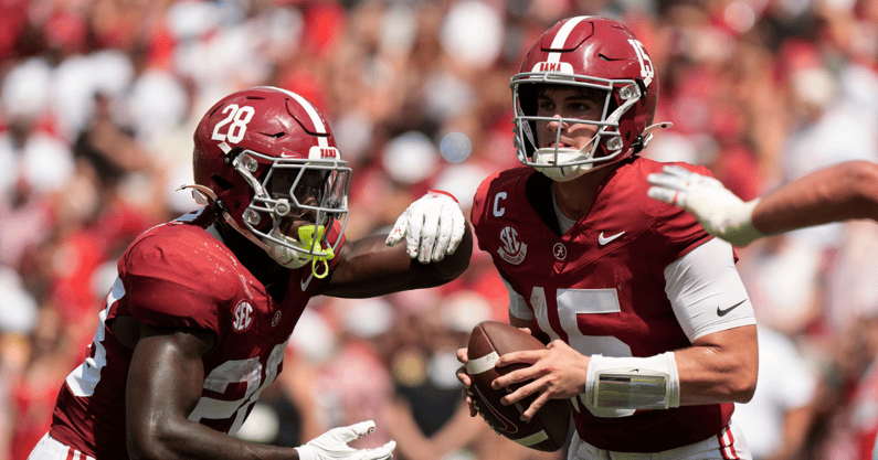Alabama RB Kevin Riley and QB Ty Simpson