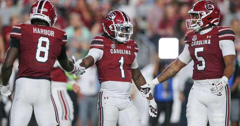 South Carolina football players Nyck Harbor, Rahsul Faison and Jordan Dingle during the Vanderbilt game on Sept. 13, 2025 (C.J. Driggers | GamecockCentral.com)