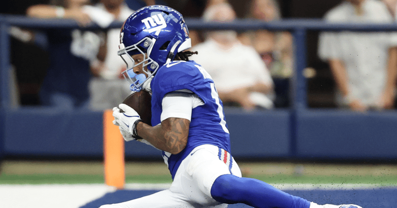 Giants wide receiver Wan'Dale Robinson catches the go-ahead touchdown against the Cowboys, via Kevin Jairaj-Imagn Images