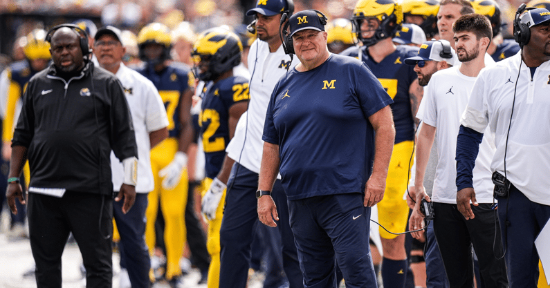 Michigan acting head coach Biff Poggi watches a play against Central Michigan during the second half at Michigan Stadium in Ann Arbor on Saturday, Sept. 13, 2025. © Junfu Han / USA TODAY NETWORK via Imagn Images
