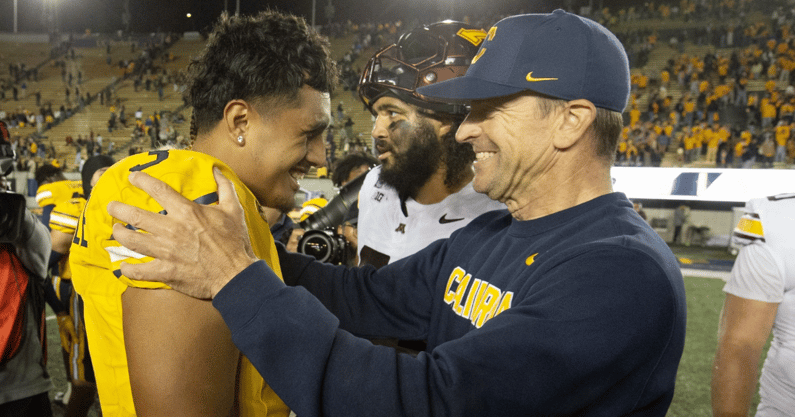Cal quarterback Jaron-Keawe Sagpolutele and head coach Justin Wilcox