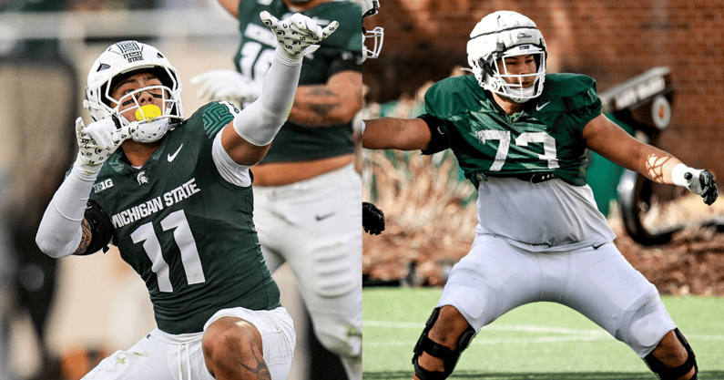 Michigan State rush end Anelu Lafaele (left) and offensive tackle Rustin Young (right). - Junfu Han (left), Nick King (right), USA TODAY Sports