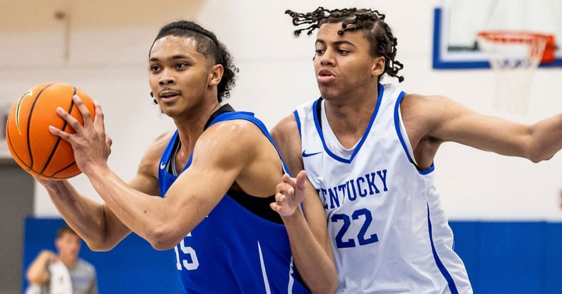 Jaland Lowe and Braydon Hawthorne at Kentucky basketball practice, via Chet White, UK Athletics