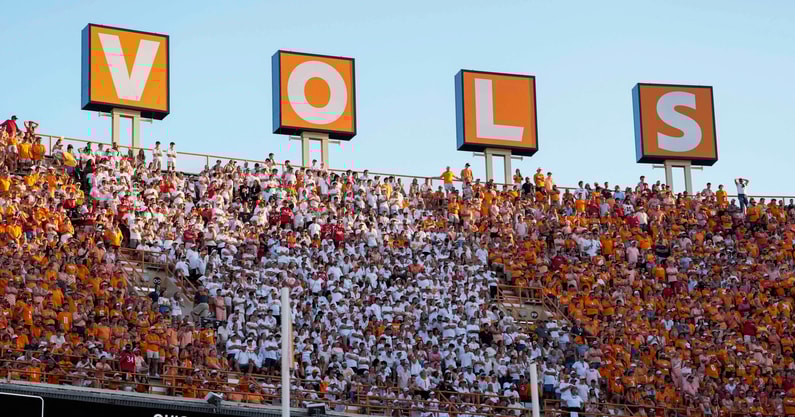 Angelina Alcantar/News Sentinel / USA TODAY NETWORK via Imagn Images | The VOLS letters during a NCAA football game between Tennessee and Georgia at Neyland Stadium in Knoxville, Tennessee, on September 13, 2025.