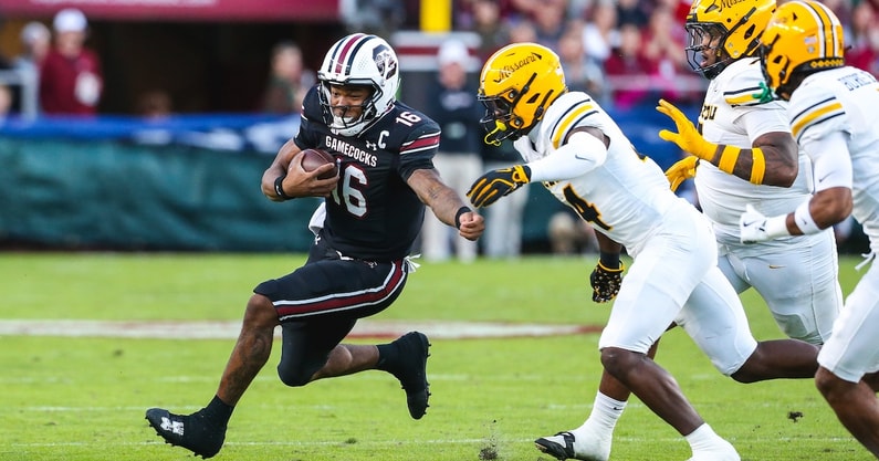 South Carolina QB LaNorris Sellers runs against Missouri in 2024 (Photo: Katie Dugan | GamecockCentral.cm)