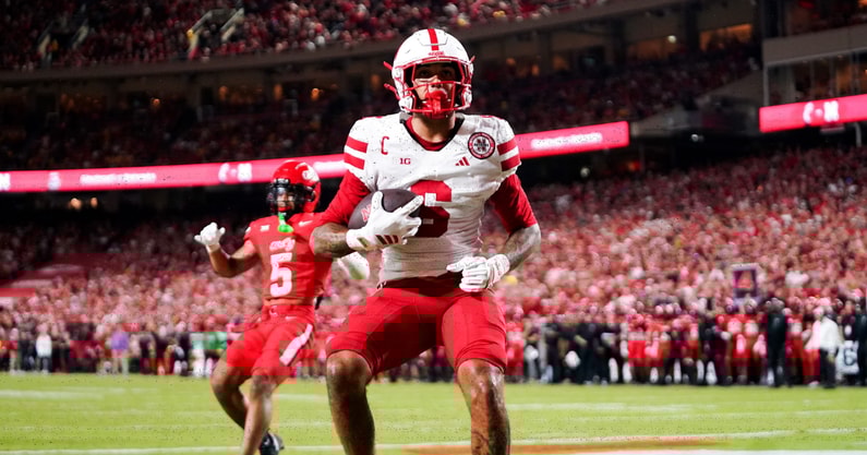 Nebraska Cornhuskers wide receiver Dane Key (6) runs to the end zone and scores a touchdown at the Kansas City Classic season opening game between the Cincinnati Bearcats and Nebraska Cornhuskers, Aug. 28, 2025, at Arrowhead Stadium in Kansas City, Mo. (© Frank Bowen IV/The Enquirer / USA TODAY NETWORK via Imagn Images)