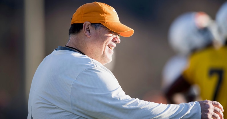 Caitie McMekin/News Sentinel, Knoxville News Sentinel via Imagn Content Services, LLC | Offensive coordinator Jim Chaney coaches during a Tennessee Vols football practice at the University of Tennessee Wednesday, Nov. 27, 2019. Tennesseevols1127 0050