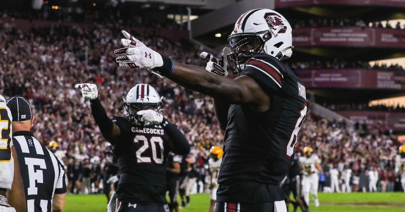 South Carolina's Nyck Harbor and Michael Smith celebrate against Missouri in 2024 (Photo: Katie Dugan | GamecockCentral.com)