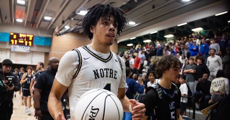 Jan 4, 2025; Gilbert, AZ, USA; Notre Dame High School (CA) forward Tyran Stokes (4) against Sandra Day O'Connor (AZ) during the Hoophall West High School Invitational at Highland High School. Mandatory Credit: Mark J. Rebilas-Imagn Images