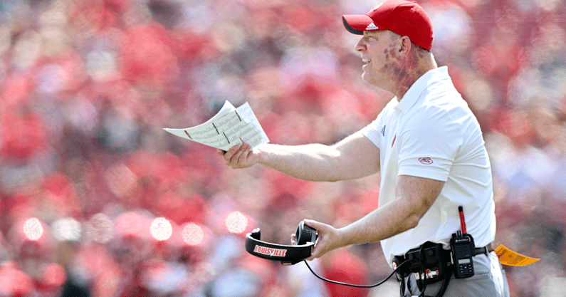 Sep 20, 2025; Louisville, Kentucky, USA; Louisville Cardinals head coach Jeff Brohm reacts during the second half against the Bowling Green Falcons at L&N Federal Credit Union Stadium. Louisville defeated Bowling Green 40-17. Mandatory Credit: Jamie Rhodes-Imagn Images