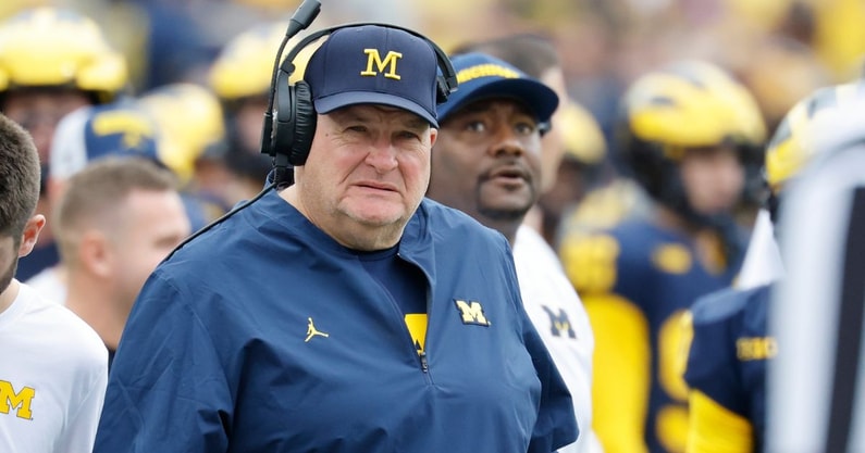 Sep 13, 2025; Ann Arbor, Michigan, USA; Michigan Wolverines assistant head coach Biff Poggi on the sideline in the first half against the Central Michigan Chippewas at Michigan Stadium. Mandatory Credit: Rick Osentoski-Imagn Images