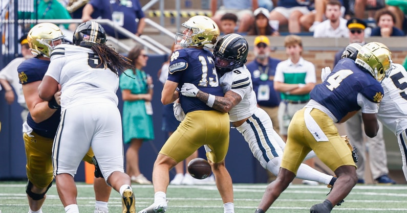 Notre Dame CJ Carr fumbles Purdue