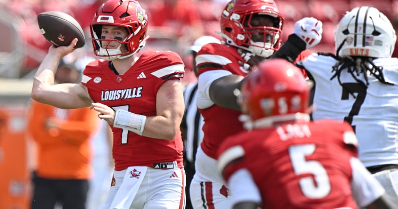 Sep 20, 2025; Louisville, Kentucky, USA; Louisville Cardinals quarterback Miller Moss (7) looks to pass against the Bowling Green Falcons during the second half at L&N Federal Credit Union Stadium. Louisville defeated Bowling Green 40-17. Mandatory Credit: Jamie Rhodes-Imagn Images