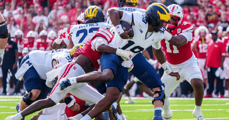 The Nebraska football defense tackling Michigan QB Bryce Underwood