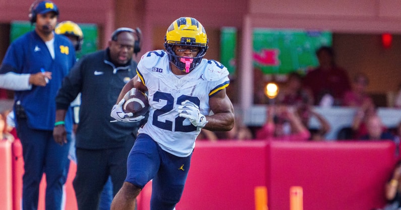 Michigan Wolverines football running back Justice Haynes rushed for 149 yards and a touchdown in a win over Nebraska. (Photo by Dylan Widger-Imagn Images)