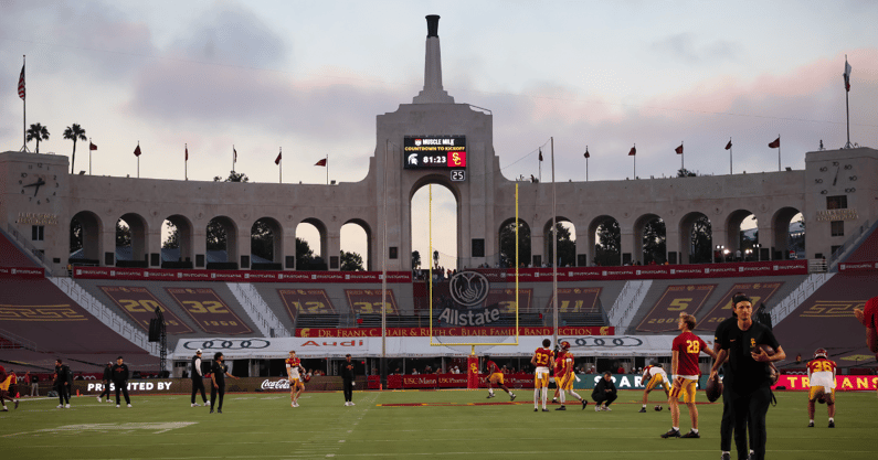 The Los Angeles Memorial Coliseum set for the USC Trojans and Michigan State Spartans