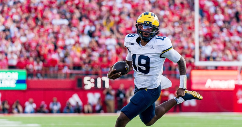 Michigan Wolverines football quarterback Bryce Underwood scored a touchdown in a win over Nebraska. (Photo by Dylan Widger-Imagn Images)