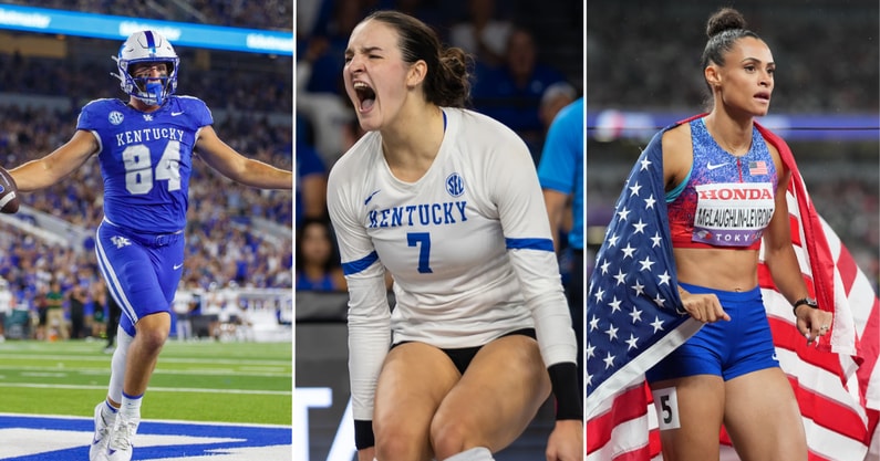 Photos of Josh Kattus (left), Eva Hudson (middle), and Sydney McLaughlin-LeVrone via KSR, UK Athletics, and Imagn Images