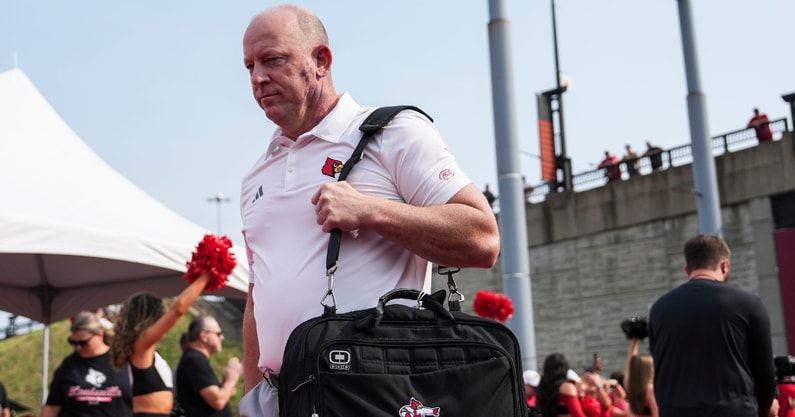 Louisville coach Jeff Brohm walks towards the locker room before the Louisville-James Madison college football game Friday September 5, 2025 at L&N Credit Union Stadium in Louisville, Kentucky.