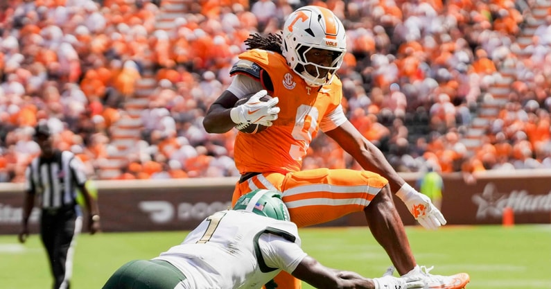 Angelina Alcantar/News Sentinel / USA TODAY NETWORK via Imagn Images | Tennessee running back Star Thomas (9) leaps over UAB safety Sirad Bryant (1) during a NCAA football game between Tennessee and UAB at Neyland Stadium in Knoxville, Tenn., September 20, 2025.
