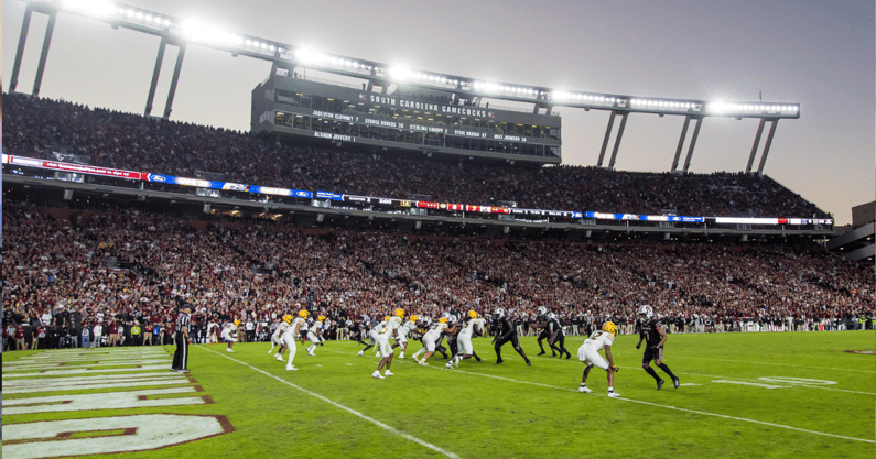 Nov 16, 2024; Columbia, South Carolina, USA; The Missouri Tigers play the South Carolina Gamecocks in the second half at Williams-Brice Stadium. Mandatory Credit: Jeff Blake-Imagn Images