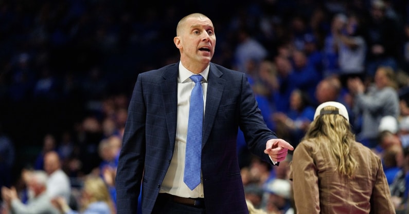 Feb 19, 2025; Lexington, Kentucky, USA; Kentucky Wildcats head coach Mark Pope calls for a player from the bench during the first half against the Vanderbilt Commodores at Rupp Arena at Central Bank Center. Mandatory Credit: Jordan Prather-Imagn Images