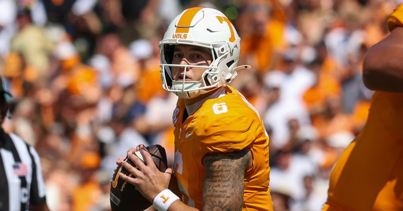 Sep 20, 2025; Knoxville, Tennessee, USA;  Tennessee Volunteers quarterback Joey Aguilar (6) looks to pass the ball against the UAB Blazers during the first quarter at Neyland Stadium. Mandatory Credit: Randy Sartin-Imagn Images