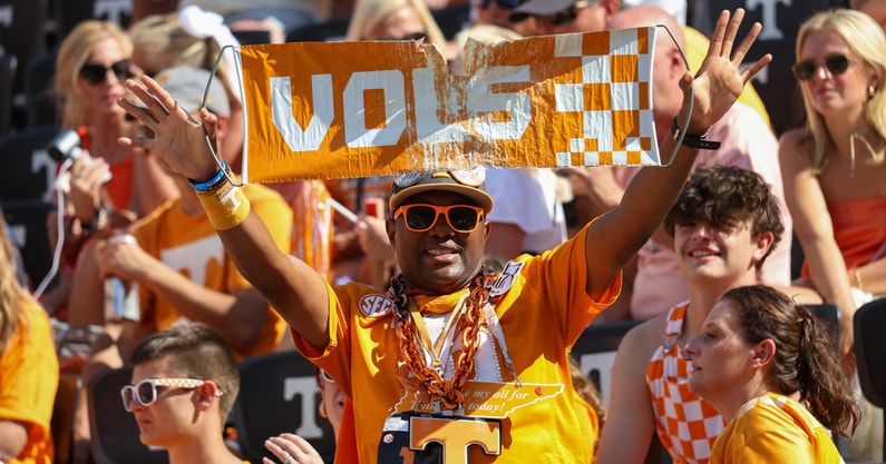 Sep 20, 2025; Knoxville, Tennessee, USA; A Tennessee Volunteers fan celebrates during the second half against the UAB Blazers at Neyland Stadium. Mandatory Credit: Randy Sartin-Imagn Images