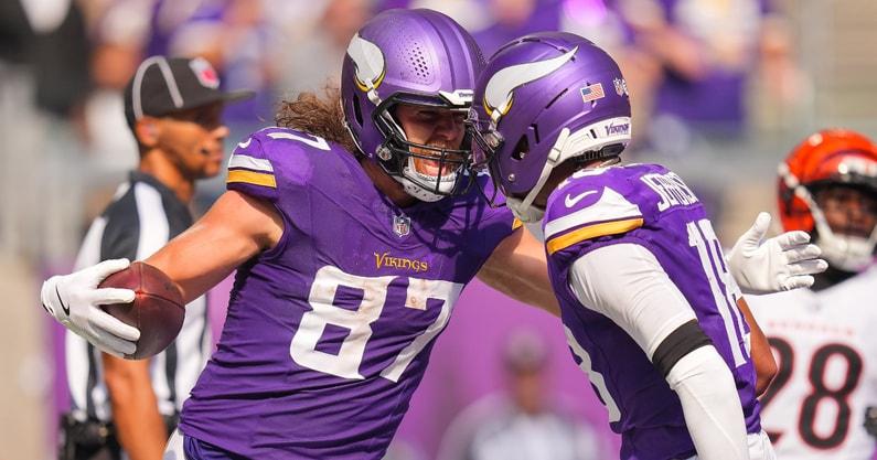 TJ Hockenson caught a touchdown pass in the Vikings win over Cincinnati. (Photo by Brad Rempel-Imagn Images)