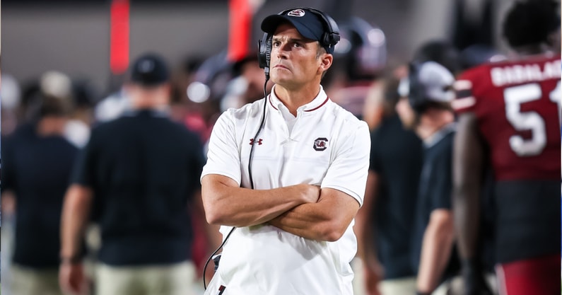 Sep 6, 2025; Columbia, South Carolina, USA; South Carolina Gamecocks head coach Shane Beamer directs his team against the South Carolina State Bulldogs in the second quarter at Williams-Brice Stadium. Mandatory Credit: Jeff Blake-Imagn Images